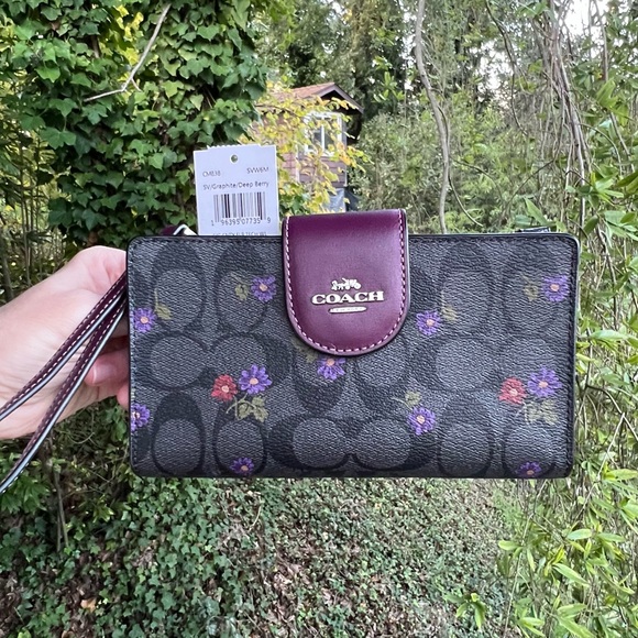 COACH Phone Wallet Country Floral Print Graphite/Deep Berry AUTHENTIC NWT
